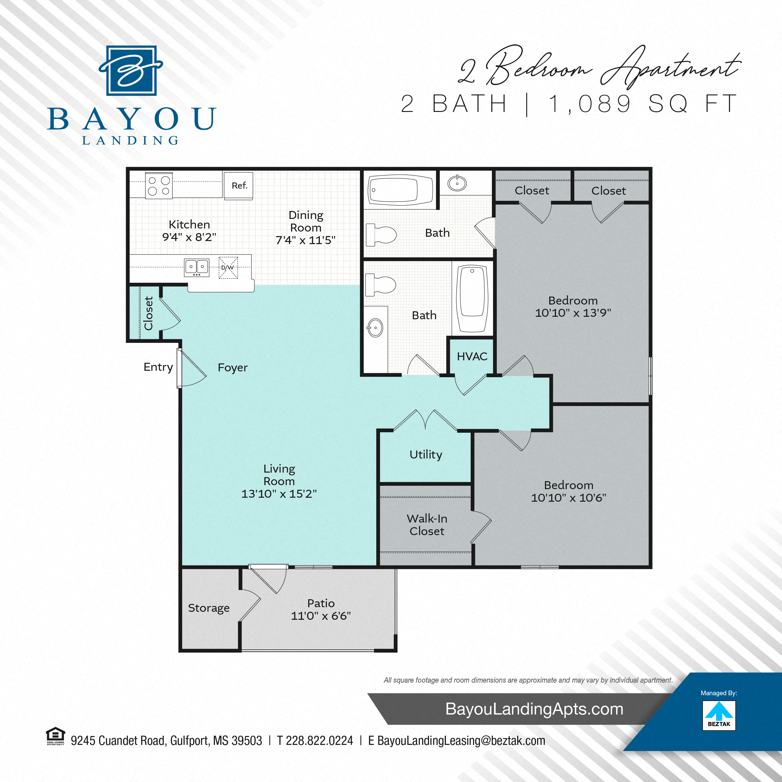 Floor plan for 2 beds, 2 baths, 1089 sqft